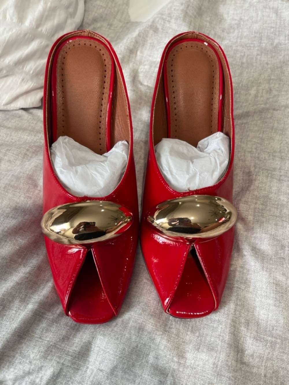 Red Peep-Toe High Heel Mules with Gold Accent - Picture 3 of 3